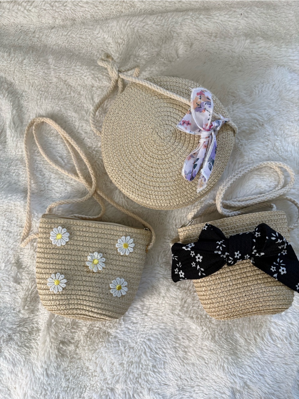 Boho Woven Round Straw Crossbody Girls Mini Bags Beige Summer Rattan Purse